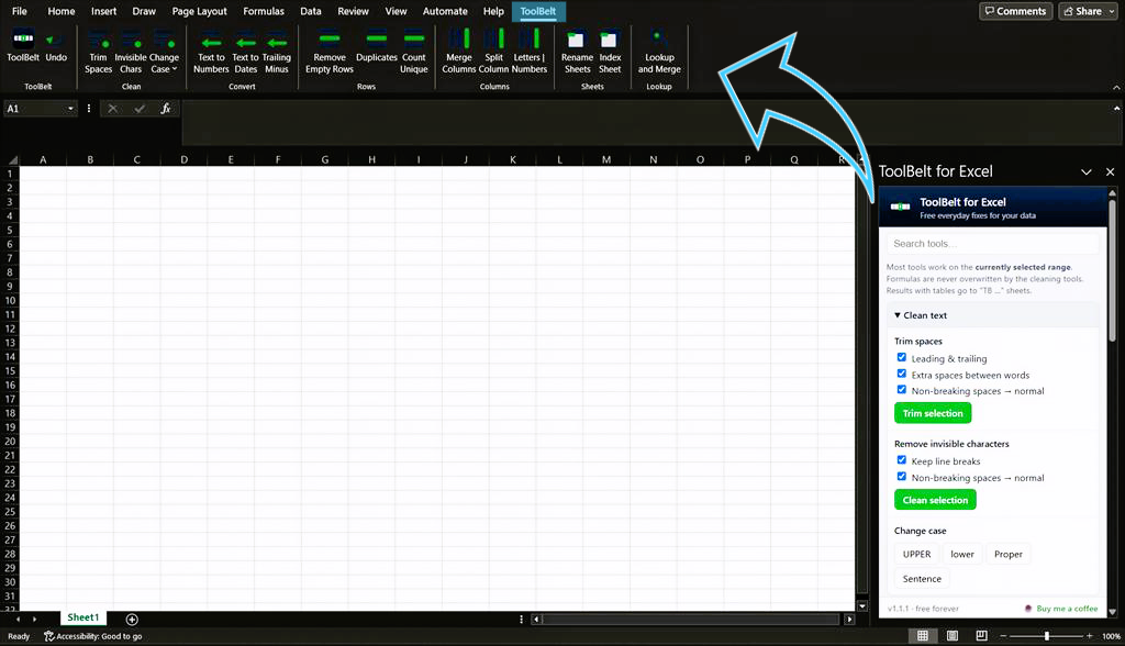 ToolBelt for Excel with its own ribbon tab and task pane open in Excel